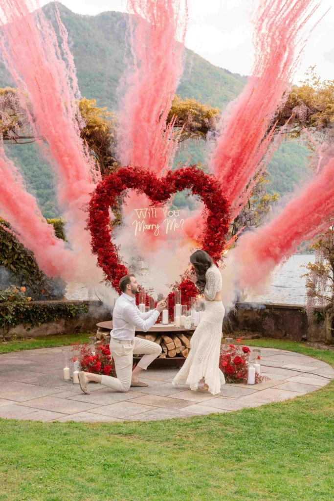 Luxury Lake Como proposal for Miss Lebanon Sandy Tabet with flowers and private boat