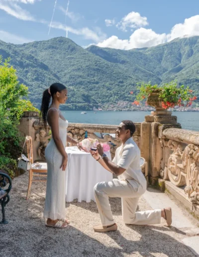 Drone aerial view of proposal setup on Lake Como shore