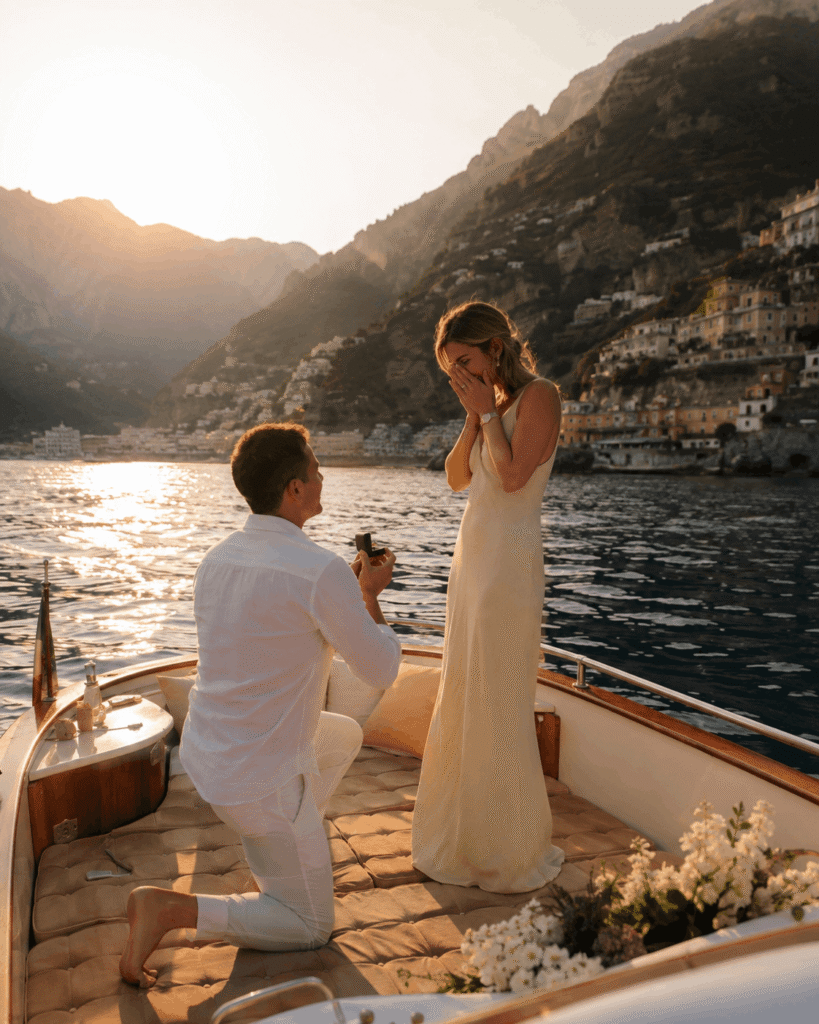 Romantic Amalfi Coast boat proposal at sunset