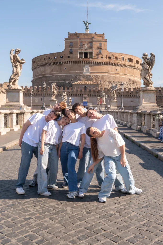 Flash mob dancers performing for Raul and Cris on Ponte Sant'Angelo in Rome