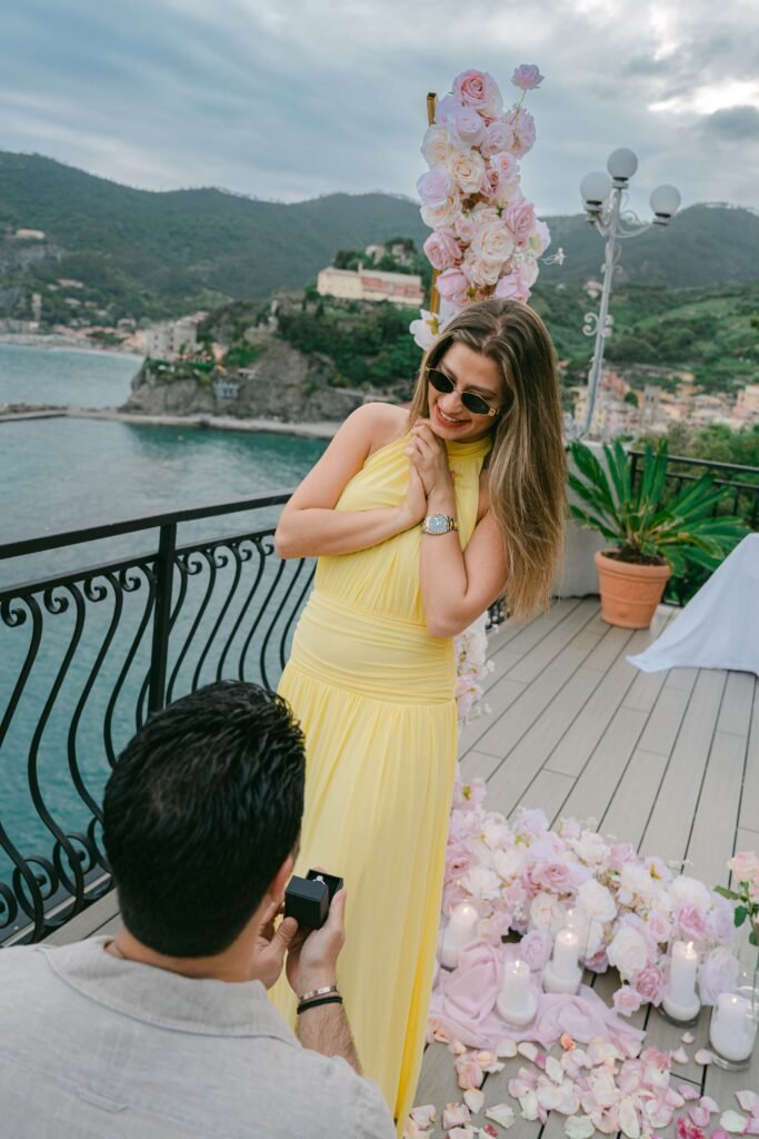 Georgio surprising Nicole with a marriage proposal in the Cinque Terre