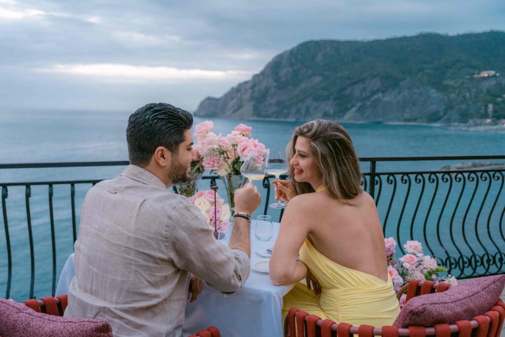 Flowers and candlelight on the Porto Roca terrace after the proposal